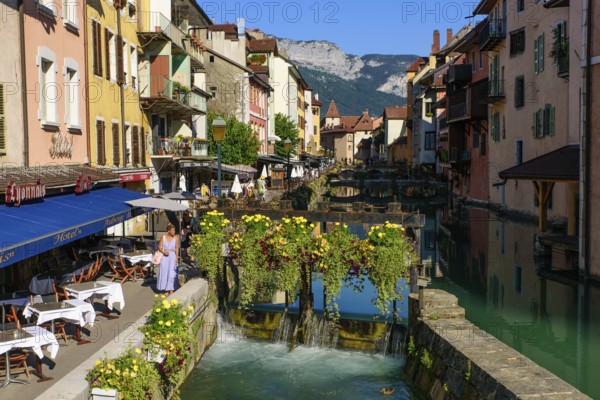 View of Thiou river and the old city of Annecy, the largest city of Haute-Savoie department in France