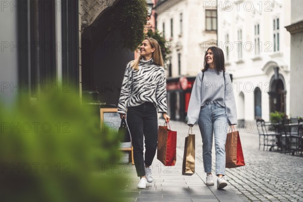 Two young caucasian women having fun on city street outdoors, Best friends enjoying a holiday day out together, Happy lifestyle, youth and young females concept.