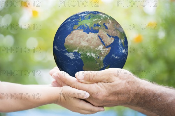 Child and senior man holding planet Earth in hands against green spring background. Elements of this image furnished by NASA