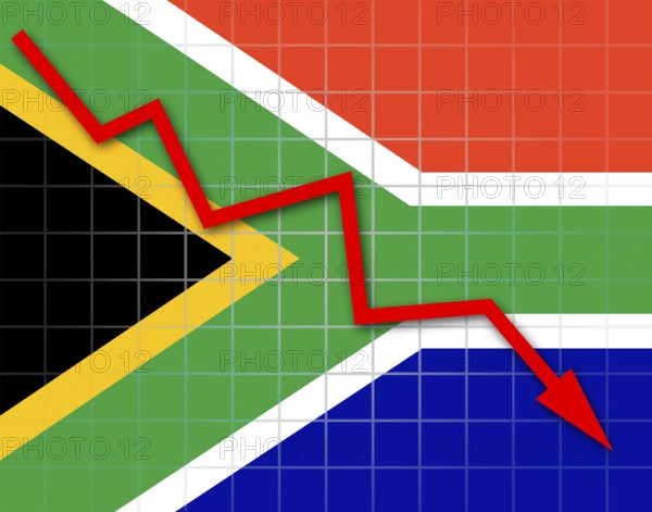 The Republic of South Africa flag and arrow graph going down
