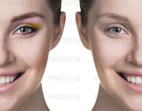 Comparative portrait of female face, without and with makeup