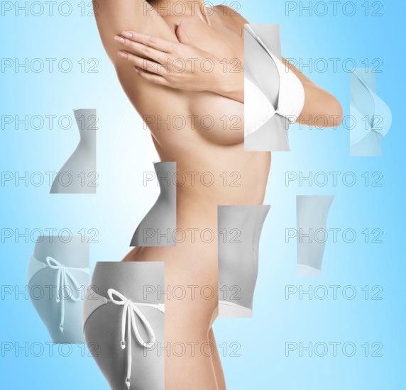 Plastic correction concept. Female body with parts on the blue background