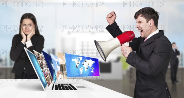 Businessman stands near laptop with many screens and scream to loudspeaker. Elements of this image furnished by NASA