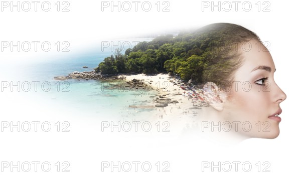 Double exposure of beautiful young woman beach over white background