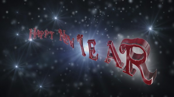 Happy New Year Text On Black Backround Full of Snow, Stars and Light