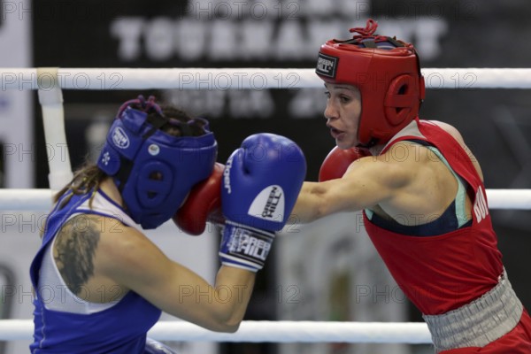 Sofia, Bulgaria. 27th February, 2021. Stanimira Petrova (red) of Bulgaria and Karina Tazabekova of Russia fight in their final round of Light (W57kg) category of the 72-nd International Boxing Tournament Strandja 2021, Sofia, Bulgaria, Europe