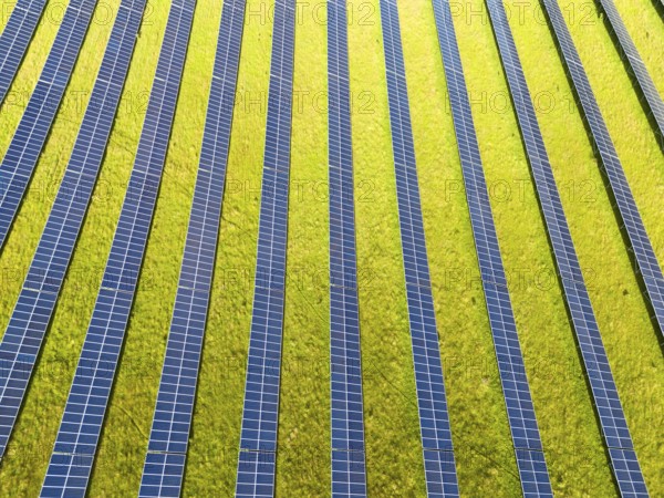 Photovoltaic Solar Panels in Green Field in Portugal. Aerial View