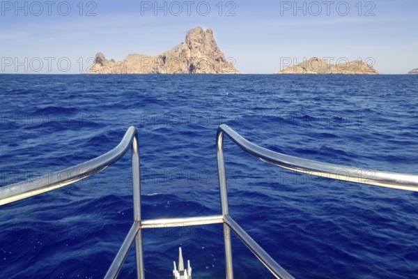 Boat bow in Es Vedra of Ibiza island at Balearic Islands