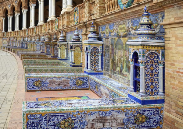 Seville Sevilla Plaza de Espana provincial bench Andalusia Spain square