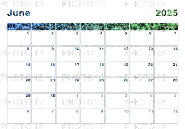 June 2025 calendar, week start Sunday, modern design