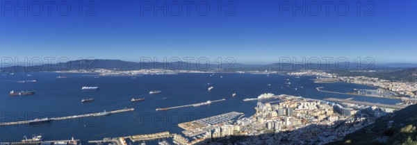 Gibraltar, United Kingdom, 27 April, 2024: panorama view of Gibraltar and the airport with La Linea and the Spanish border behind, Europe