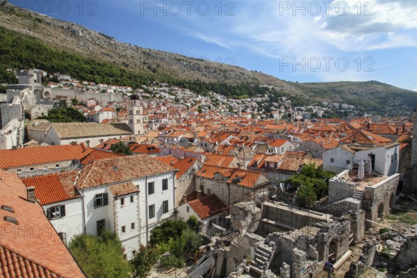Cityscape of ancient downtown Dubrovnik seen from the city wall, Croatia, Europe