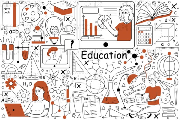 Education doodle set. Collection of hand drawn templates patterns of pupils students learning school university subjects studying at online training courses. Improval of skills expansion of knowledge