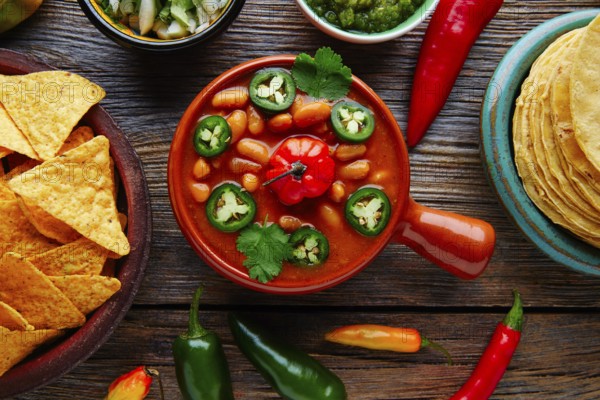 Frijoles charros mexican beans with chili pepper sides and tortillas