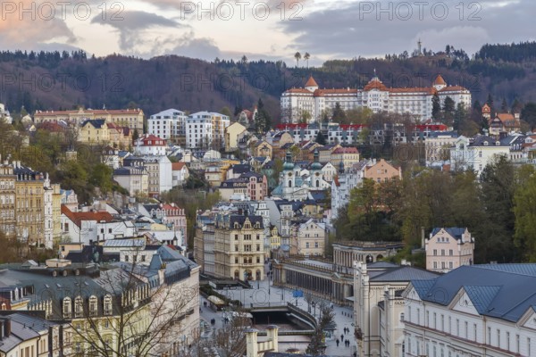 View of historical center of Karlovy Vary from hill, Czech republic