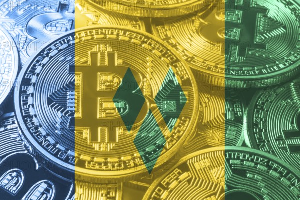Saint Vincent and the Grenadines bitcoin flag, national flag cryptocurrency concept black background