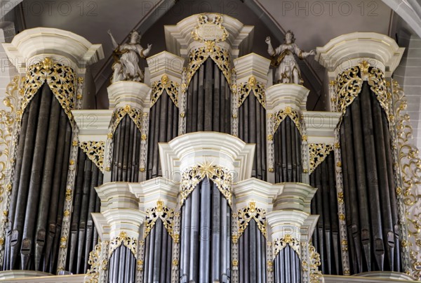 The baroque organ of the Catholic parish church of St. Johannes Baptist, Borgentreich, Höxter district, North Rhine-Westphalia, Germany, Europe