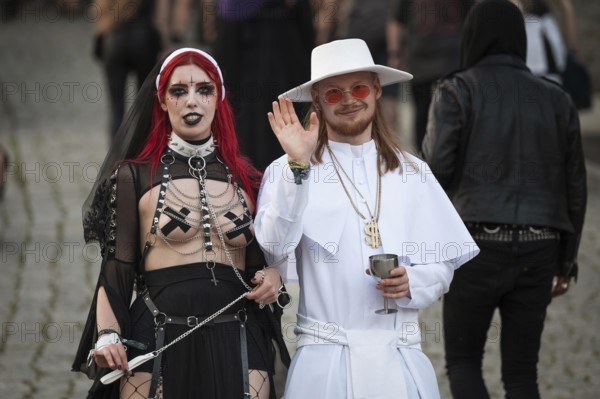 BOLKOW, POLAND - JULY 14, 2023: An unidentified participants of the Castle Party on the street in town. Castle Party is a dark independent festival.