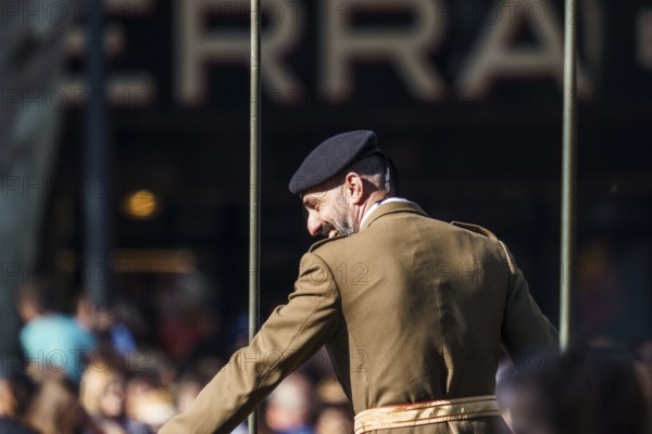 Madrid, Spain, October 12, 2023: Officer of the Army with beret during the parade of the armed forces on the day of the Spanish National Holiday, Europe