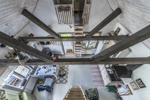 Rensmur, Sala Vastmanland County -Sweden, 08 06 2019: Wooden structure of the ceiling of a traditional Swedish summer house