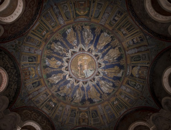 Baptistery of Ravenna Cathedral (also known as the Baptistery of the Orthodox, Battistero Neoniano or Neonic Baptistery), view of the dome mosaic depicting the baptism of Christ