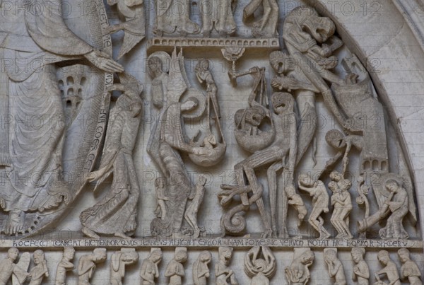 Autun, Cathedral St-Lazare, portal of the Last Judgement around 1135 by Master Gislebertus, tympanum with weighing of souls and the elect and damned, St., Saint, Saint
