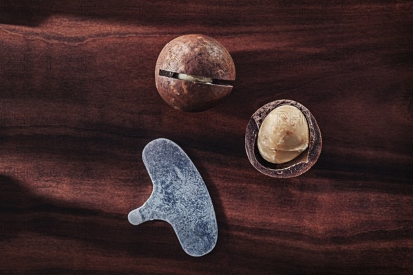 .Macadamia Nuts On Vintage Wooden Board
