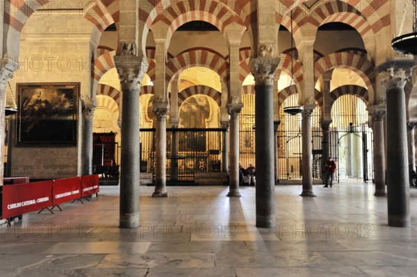 La Mezquita, Mosque, Cathedral of Cordoba, Cordoba, Andalusia, Spain, Europe, Interior with detailed decoration, stone columns and arches, Europe