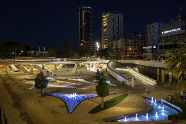 Nicosia Cyprus, April 22 2022: Liberty square eleftheria square with the modern and futuristic architecture in the centre of Nicosia the capital city of Cyprus at night