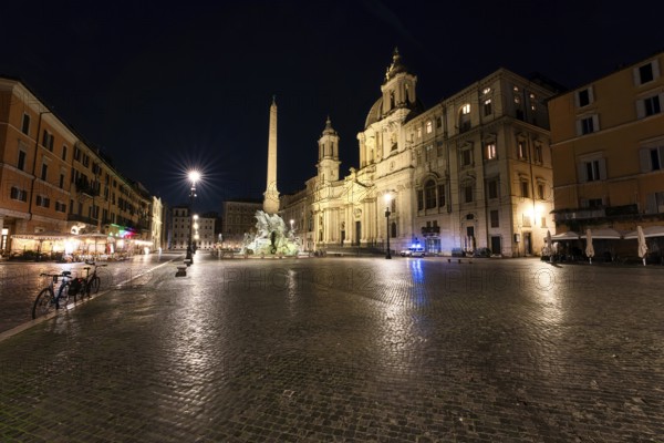 Piazza Navona in Rome at night with police. Nightphotography