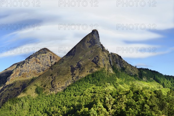 Two rocky mountain tops and valley, Kolukkumalai, Western Ghats, Suryanelli, Theni, Tamil Nadu, India, Asia