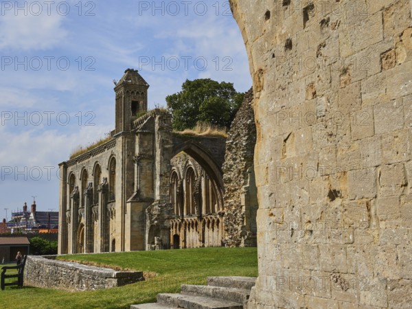 View of the historic ruins of Glastonbury Abbey, Glastonbury, Somerset, UK