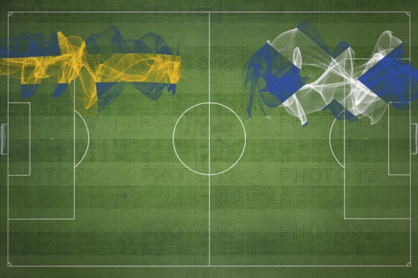 Sweden vs Scotland Soccer Match, national colors, national flags, soccer field, football game, Competition concept, Copy space