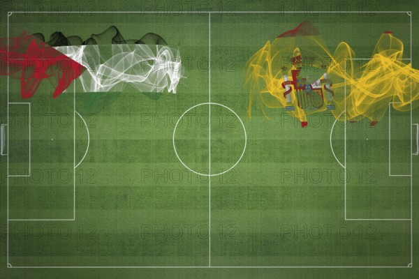 Palestine vs Spain Soccer Match, national colors, national flags, soccer field, football game, Competition concept, Copy space