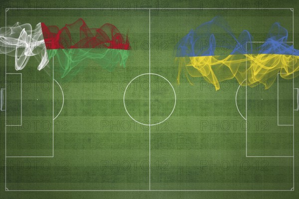 Madagascar vs Ukraine Soccer Match, national colors, national flags, soccer field, football game, Competition concept, Copy space