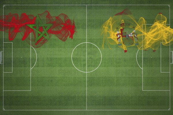 Morocco vs Spain Soccer Match, national colors, national flags, soccer field, football game, Competition concept, Copy space
