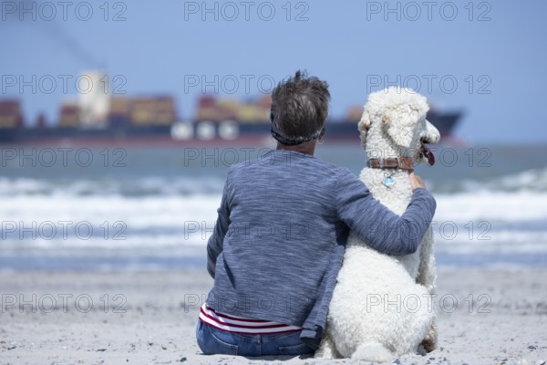 Woman sits together with her dog, a white poodle, amicably familiar on the beach in the sunshine, hugs him and looks at the sea, a ship passes by, Groede, Zeeland, Netherlands