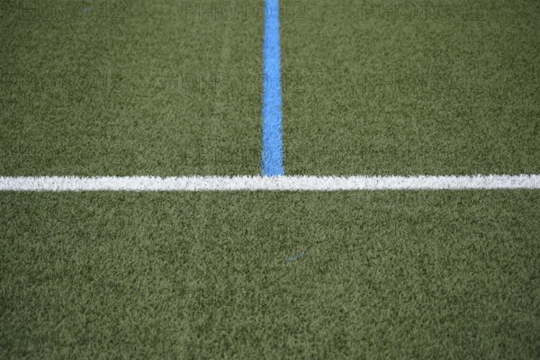 The green turf of a football pitch with the touchline and the centre line