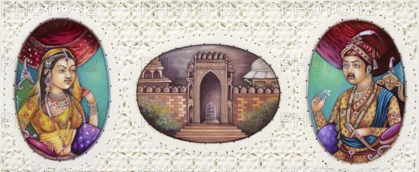 Miniature painting of Mughal Emperor Akbar With Wife Jodha Bai