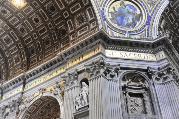 St Peter's Basilica, Vatican, Rome, Lazio, Italy, Europe, Detailed ceiling of a dome with fresco and Latin lettering, Europe