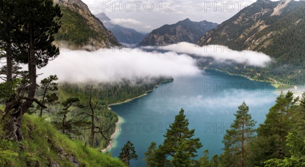 Lake Plansee near Reutte in Tyrol with low clouds over the lake