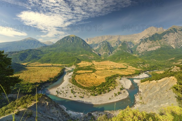 Vjosa river bend panorama at sunrise. I got up at 3 am in the morning to get there for the photo as the area is very remote from Gjirokastra. Replaced sky