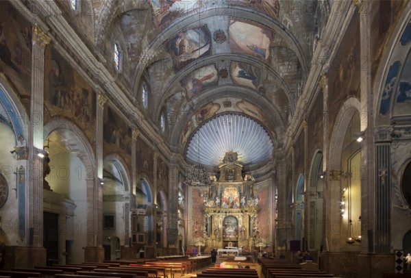 Majorca, Pollenca, Esglesia Nostra Senyora dels Angels, view of the altar, ceiling paintings by Eugen Mosgraber, Atilio Boveri and Joaquin Tudela (20th century), Baroque altar from 1754