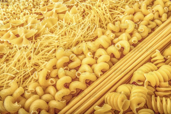 Background of different types of raw pasta close up
