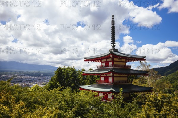 FUJIYOSHIDA CITY, JAPAN - SEPT 17TH, 2024: Arakura Fuji Sengen-jinja Shrine in Arakurayama Sengen Park on a hot autumn morning in Fujiyoshida City, Japan, Asia