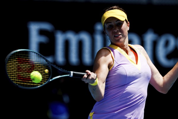 MELBOURNE, AUSTRALIA - JANUARY 19: Anastasia Pavlyuchenkova of Russia hits a forehand to Donna Vekic of Croatia on day eight of the 2025 Australian Open at Melbourne Park on January 19, 2025 in Melbourne, Australia, Oceania