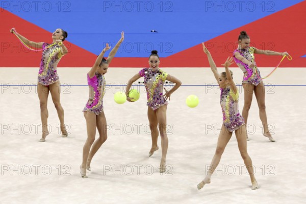 Sofia, Bulgaria - 16 September, 2018: Team Bulgaria performs during The 2018 Rhythmic Gymnastics World Championships. Group tournament