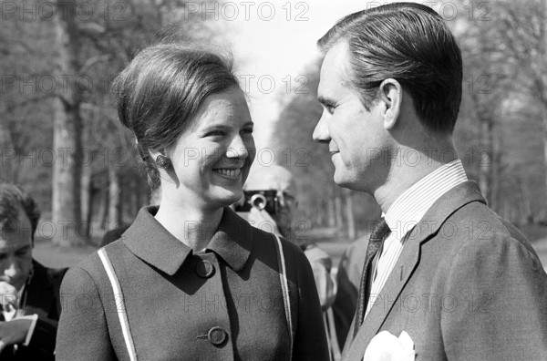 Margrethe II of Denmark. Pictured with Henri de Laborde de Monpezat at Fredensborg palace in Copenhagen in the spring of 1967, where the couple announces their marriage to come on june 10 1967. At this time Margrethe was crownprincess and heir to the throne, she became Queen of Denmark 15 january 1972