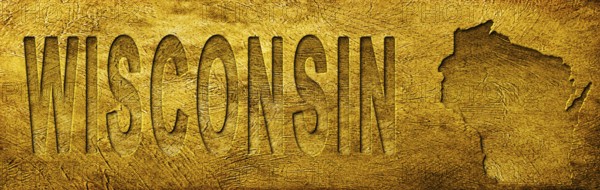 Wisconsin Map and Text on Grunge Gold Texture