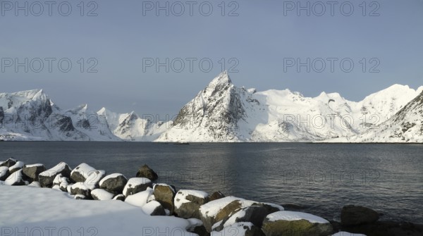 Winter in Hamnøy on the Lofoten island of Moskenesøya. Winter on the archipelago of Lofoten in Norway